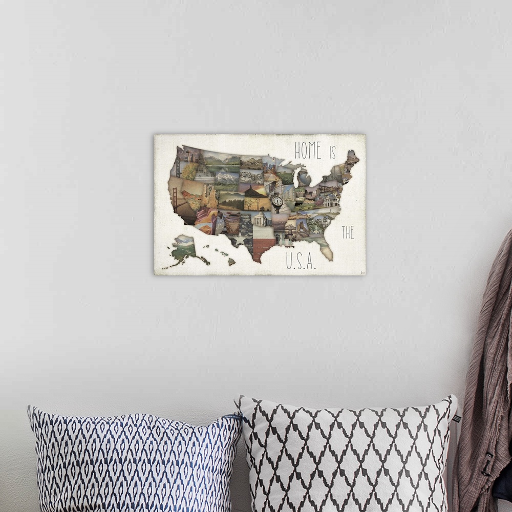 A bohemian room featuring A map of the United States with each state made of a photograph.