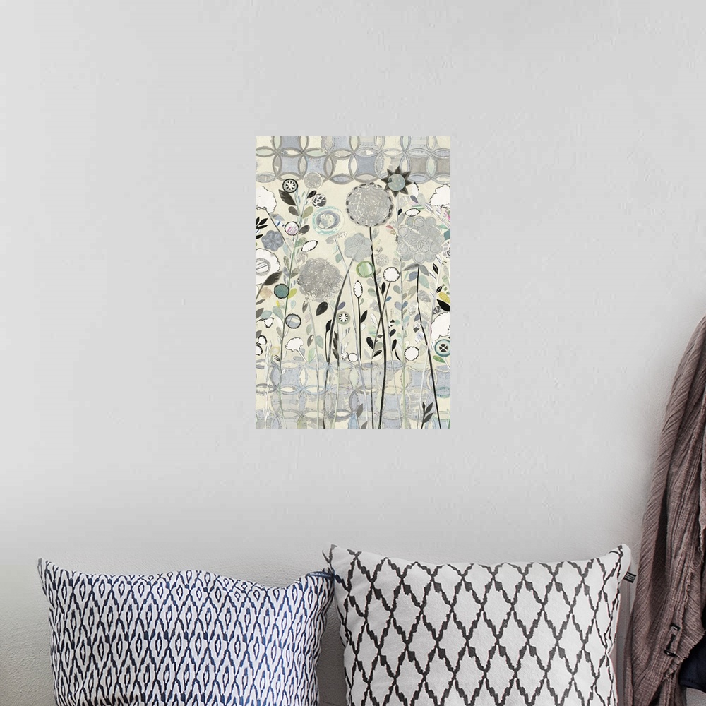 A bohemian room featuring Contemporary painting of garden elements in soft understated colors.