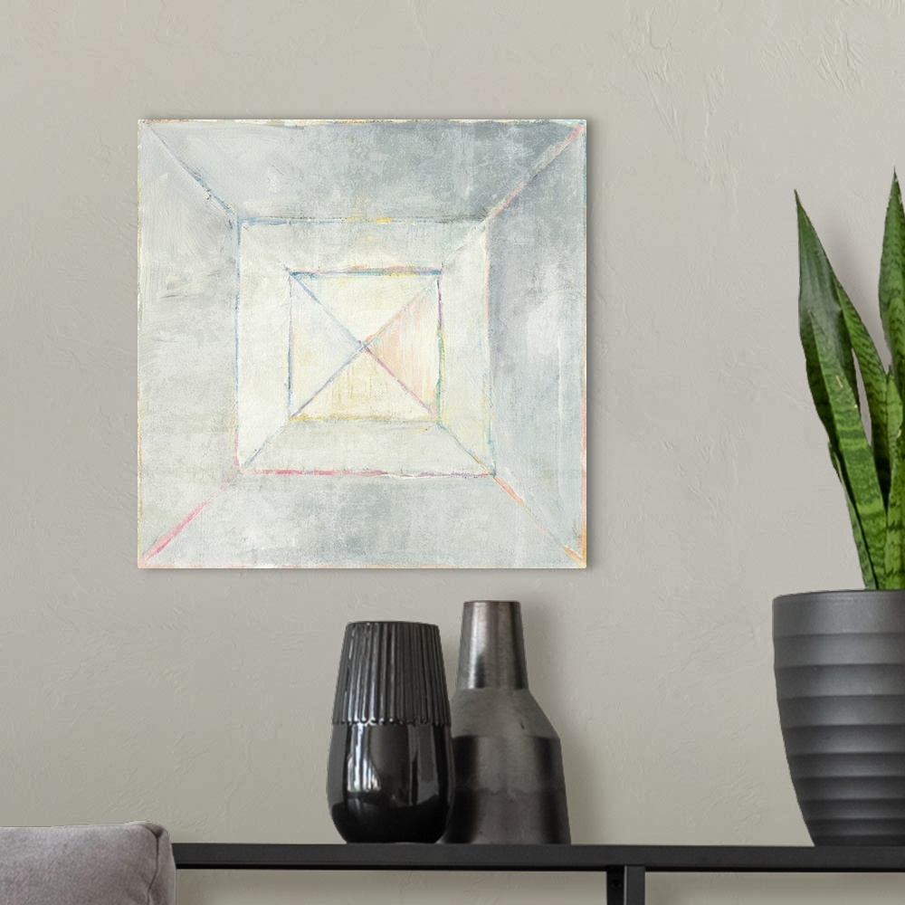 A modern room featuring Abstract contemporary painting with lines and square shapes in shades of grey.