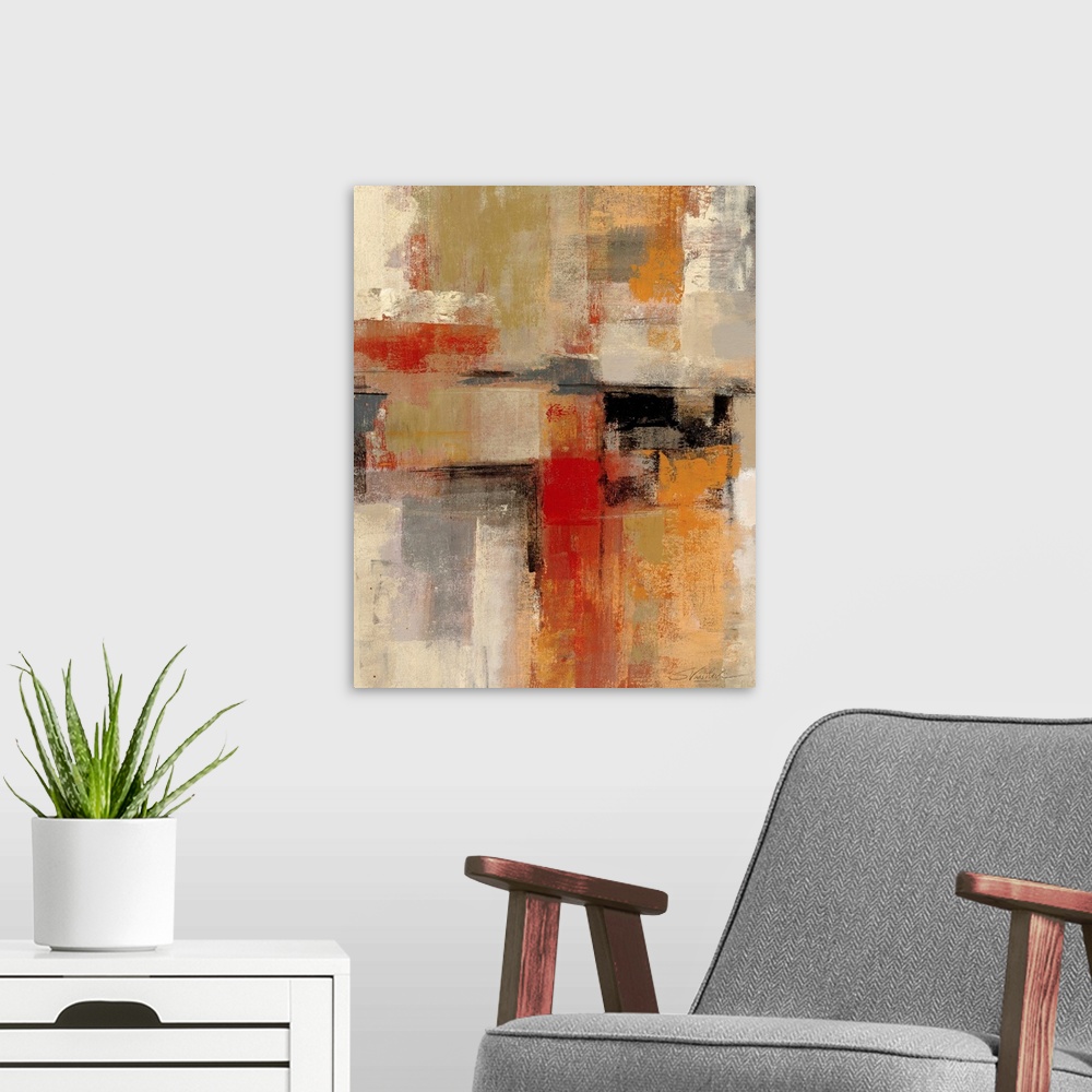 A modern room featuring Abstract painting with muted and warm color boxes with infinity edges.