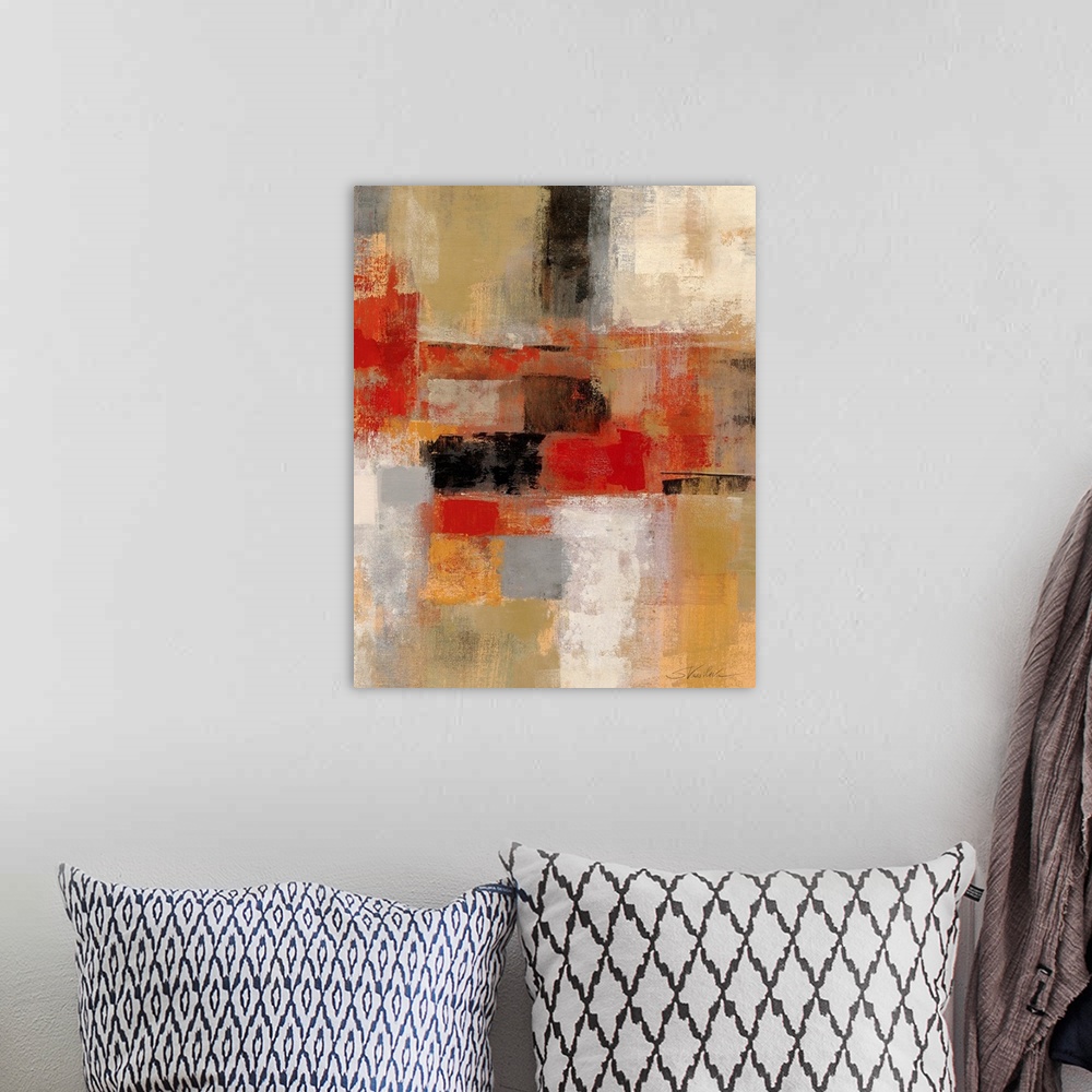 A bohemian room featuring Huge distressed abstract art includes patches of darker warm tones in the center portion of this ...