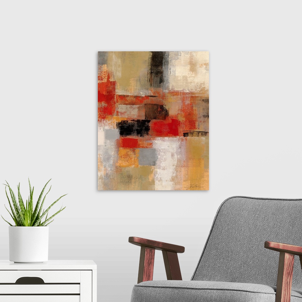 A modern room featuring Huge distressed abstract art includes patches of darker warm tones in the center portion of this ...
