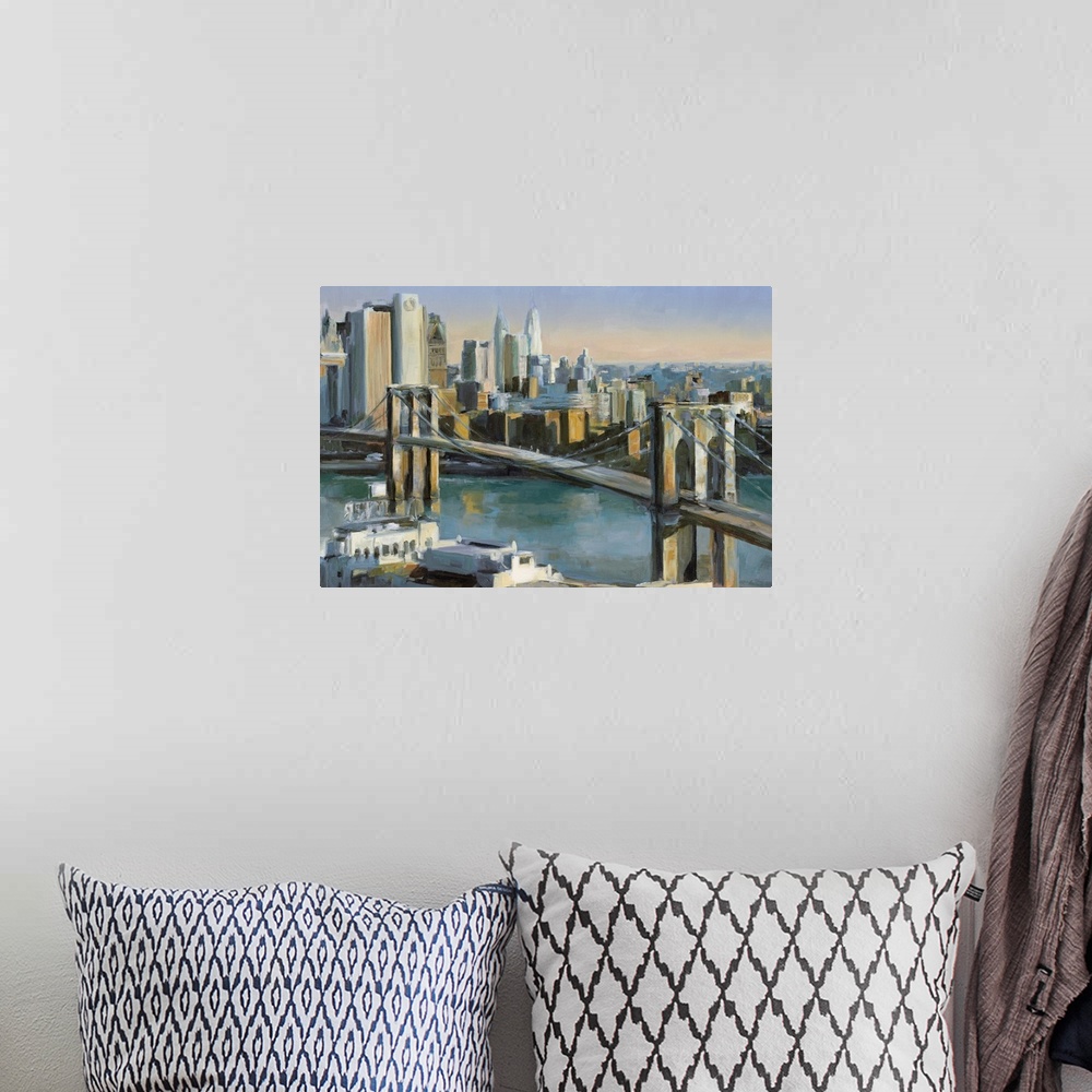 A bohemian room featuring Big canvas painting of a bridge leading into New York City at sunrise.