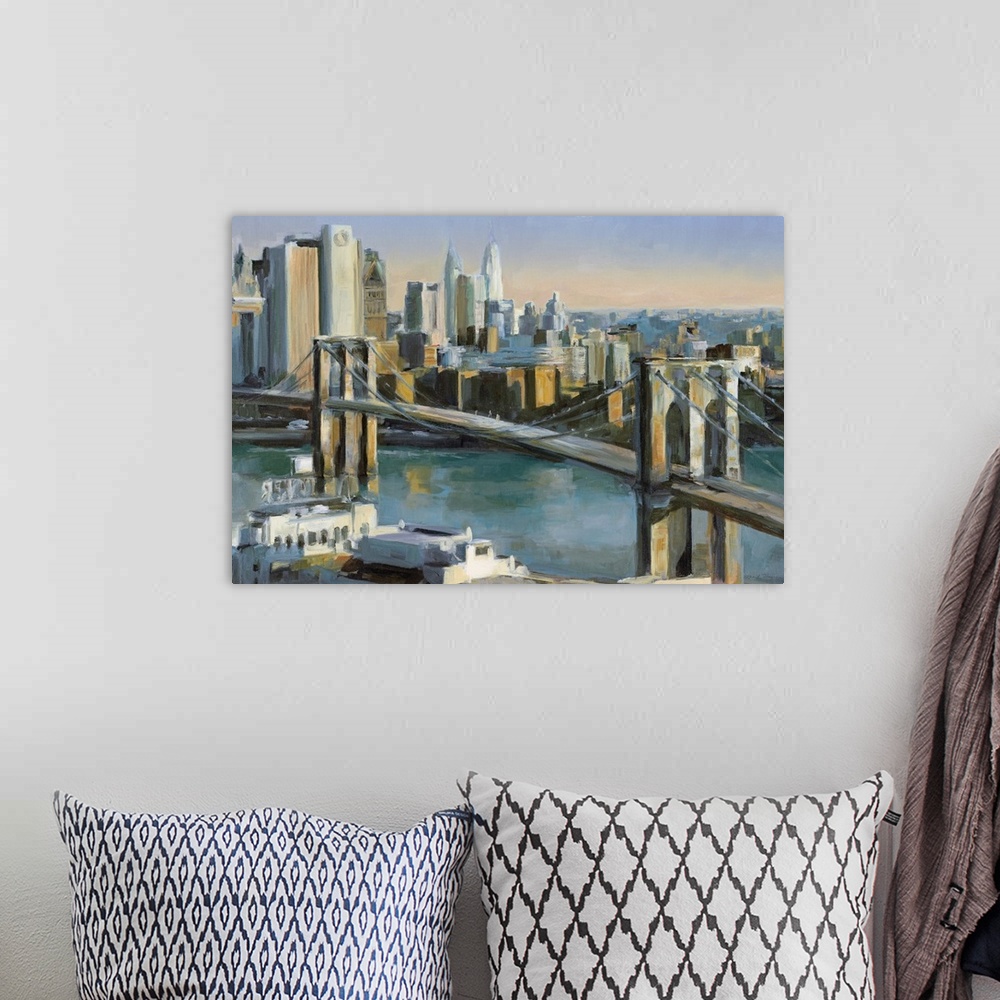 A bohemian room featuring Big canvas painting of a bridge leading into New York City at sunrise.