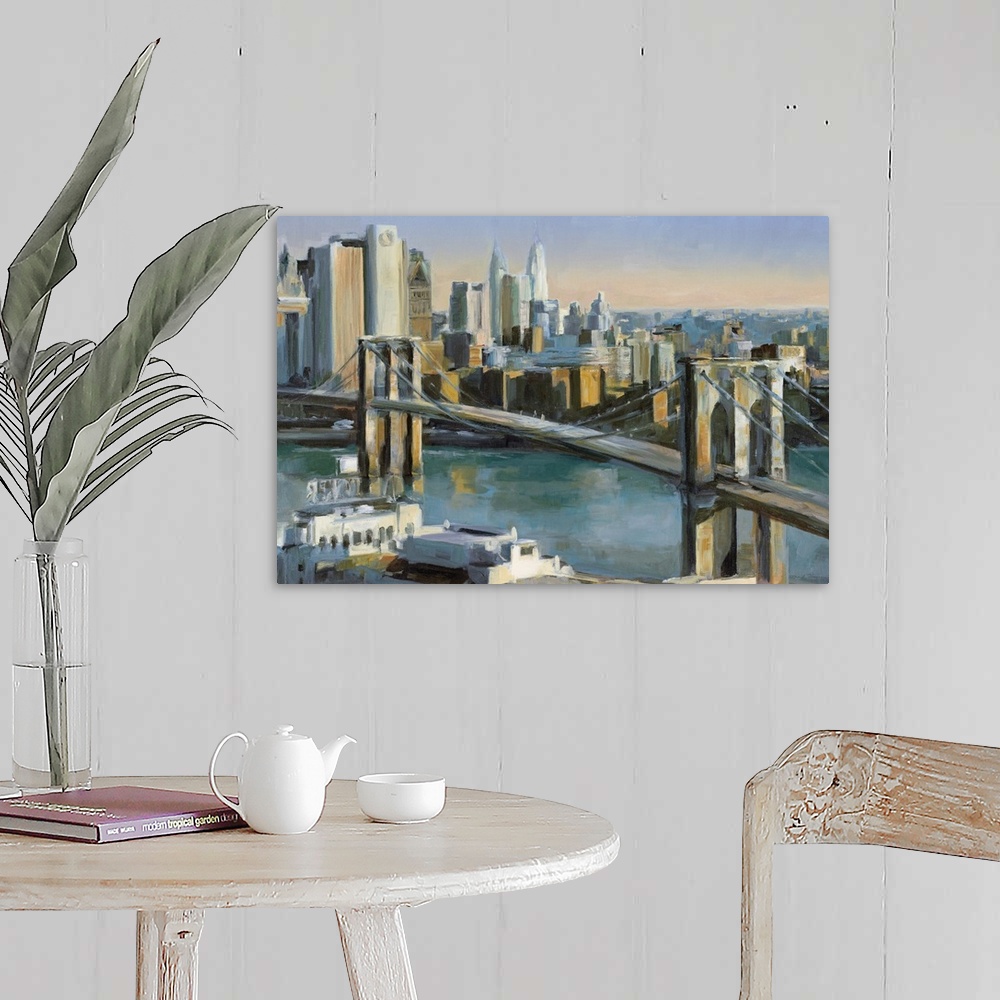 A farmhouse room featuring Big canvas painting of a bridge leading into New York City at sunrise.