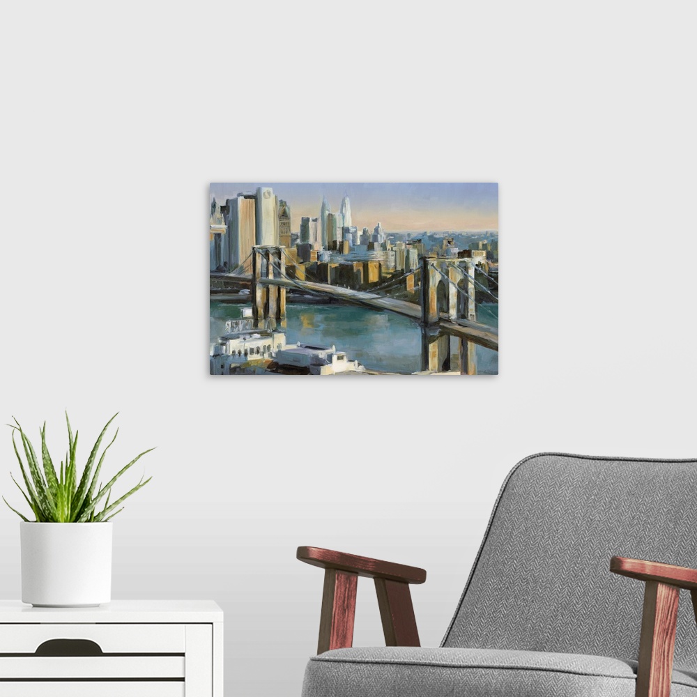 A modern room featuring Big canvas painting of a bridge leading into New York City at sunrise.