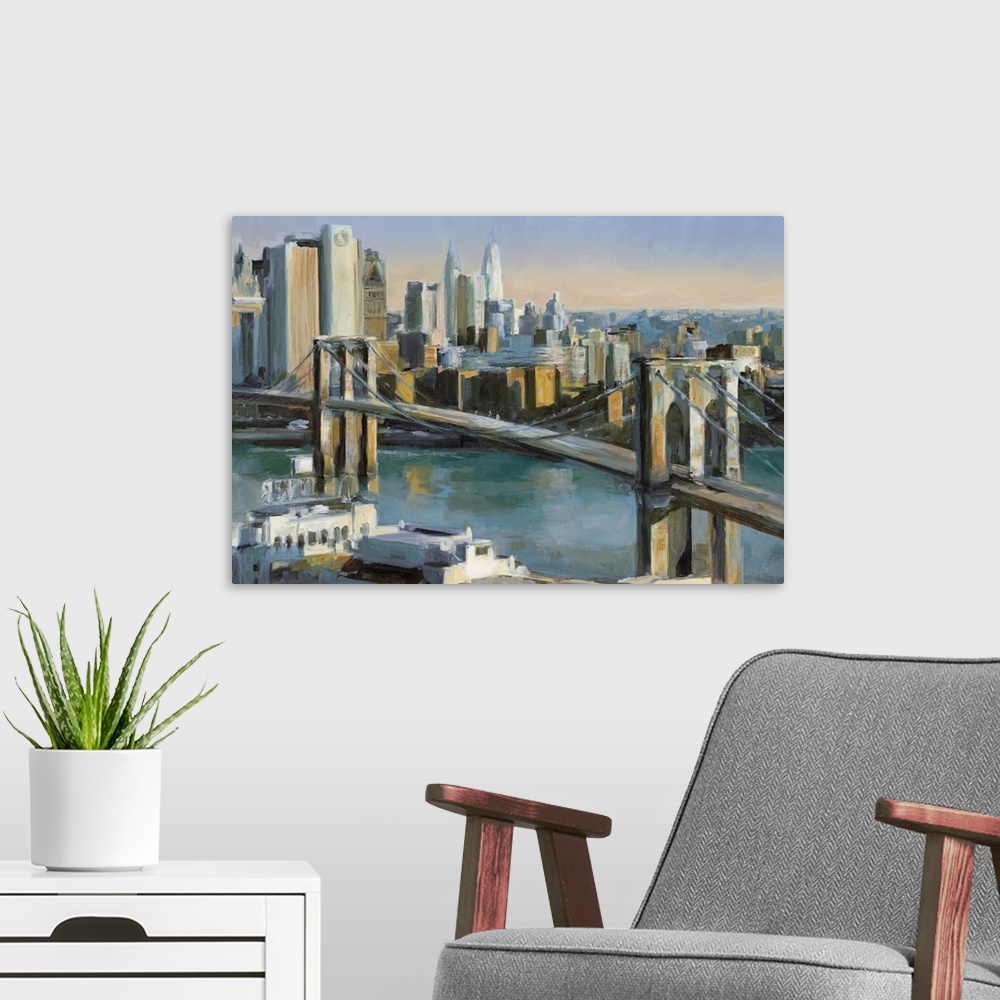 A modern room featuring Big canvas painting of a bridge leading into New York City at sunrise.