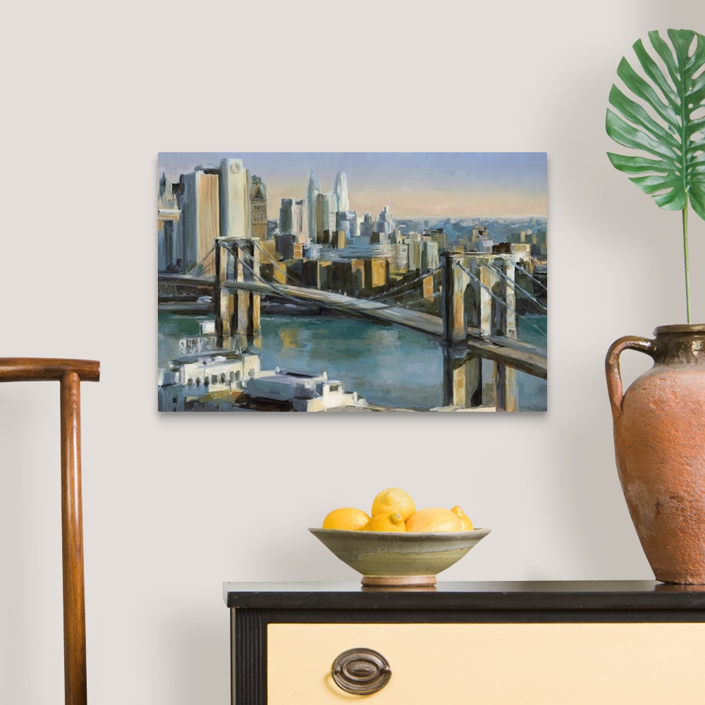 A traditional room featuring Big canvas painting of a bridge leading into New York City at sunrise.