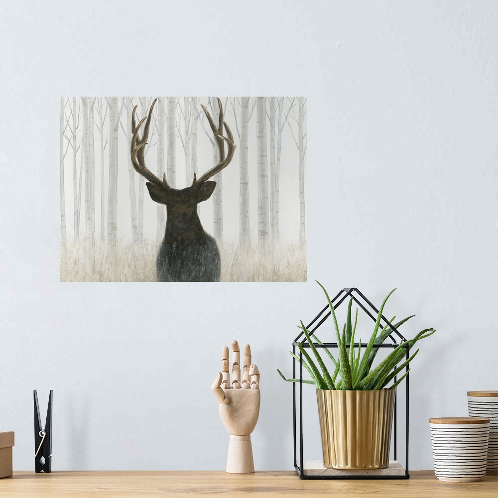 A bohemian room featuring Contemporary painting of a deer silhouette with large antlers in a light forest.