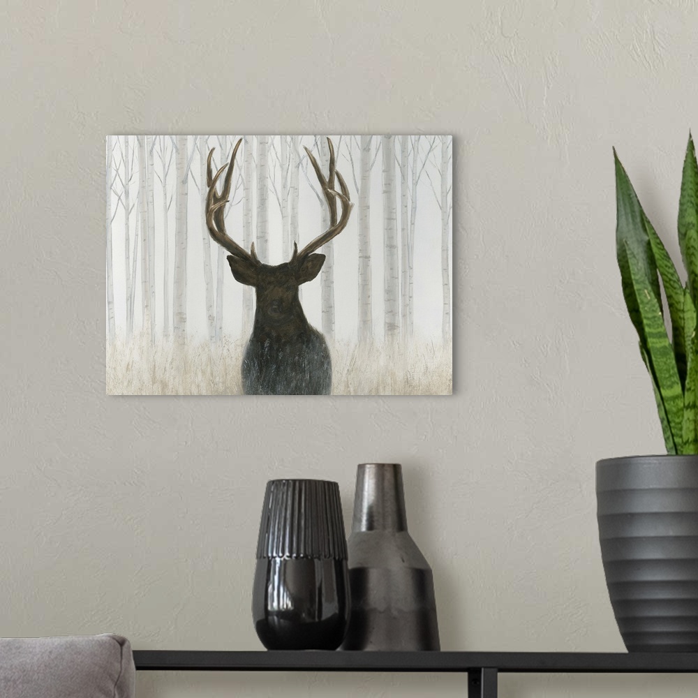 A modern room featuring Contemporary painting of a deer silhouette with large antlers in a light forest.