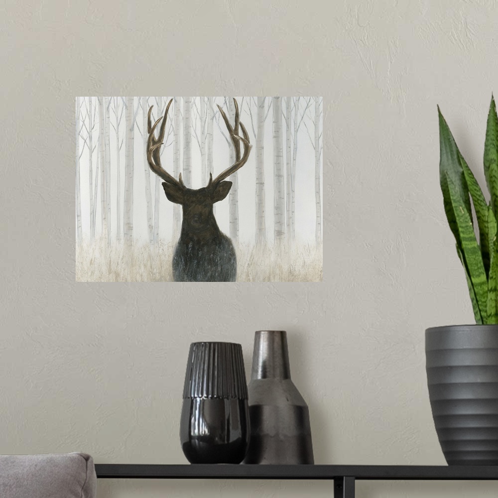 A modern room featuring Contemporary painting of a deer silhouette with large antlers in a light forest.