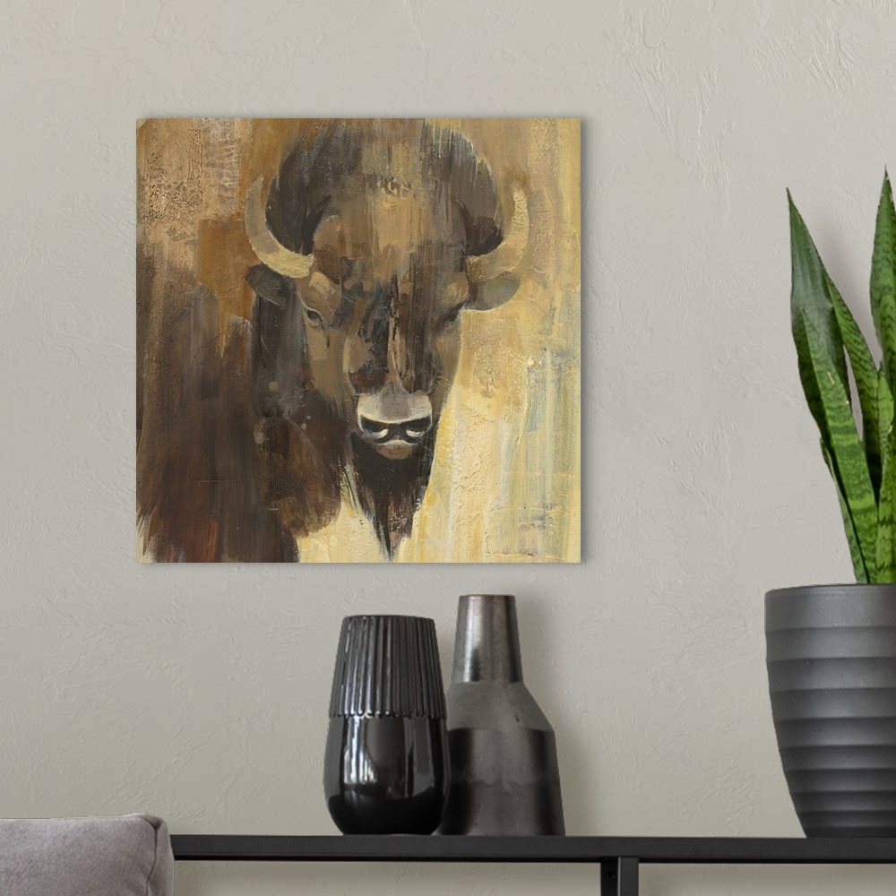 A modern room featuring Contemporary wildlife painting of a bison staring at viewer.