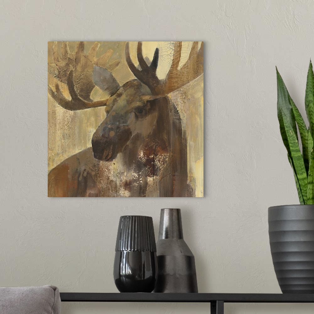 A modern room featuring Contemporary wildlife painting of a moose staring at viewer.