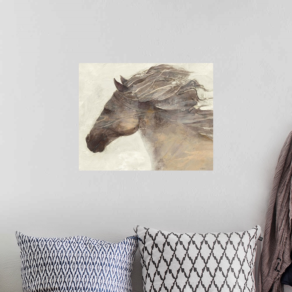 A bohemian room featuring Contemporary painting of a horse with its mane blowing in the wind.