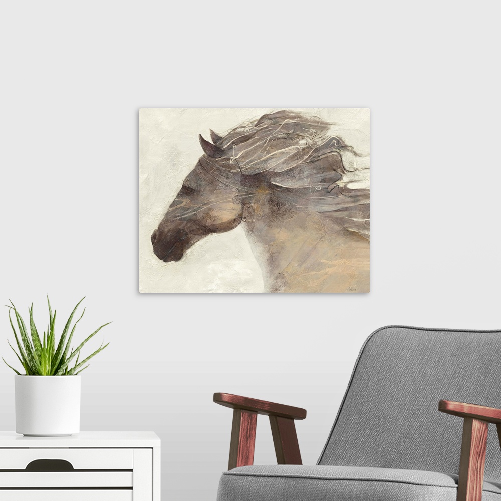 A modern room featuring Contemporary painting of a horse with its mane blowing in the wind.