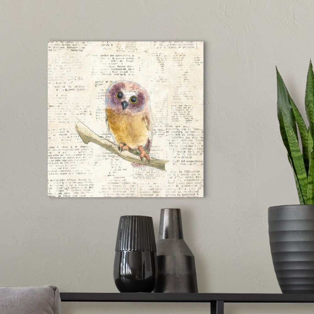 A modern room featuring Artwork of a little owl against a distressed newsprint background.
