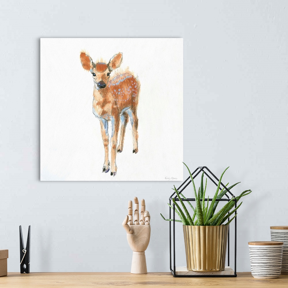 A bohemian room featuring Artwork of a fawn against a white background.