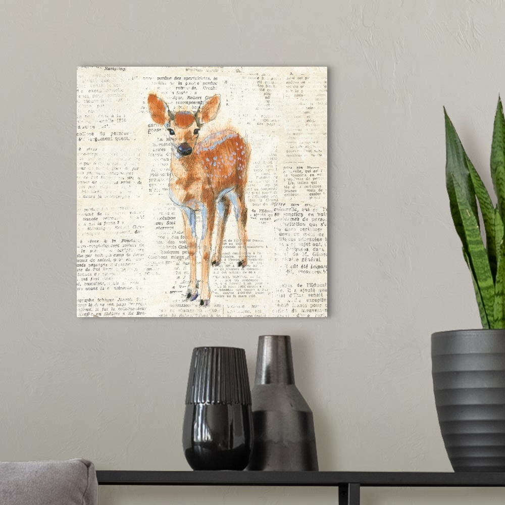 A modern room featuring Artwork of a fawn against a distressed newsprint background.
