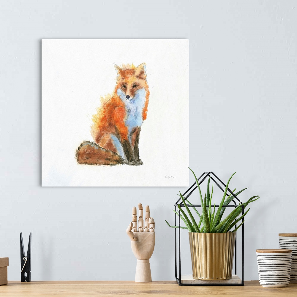 A bohemian room featuring Artwork of a red fox against a white background.