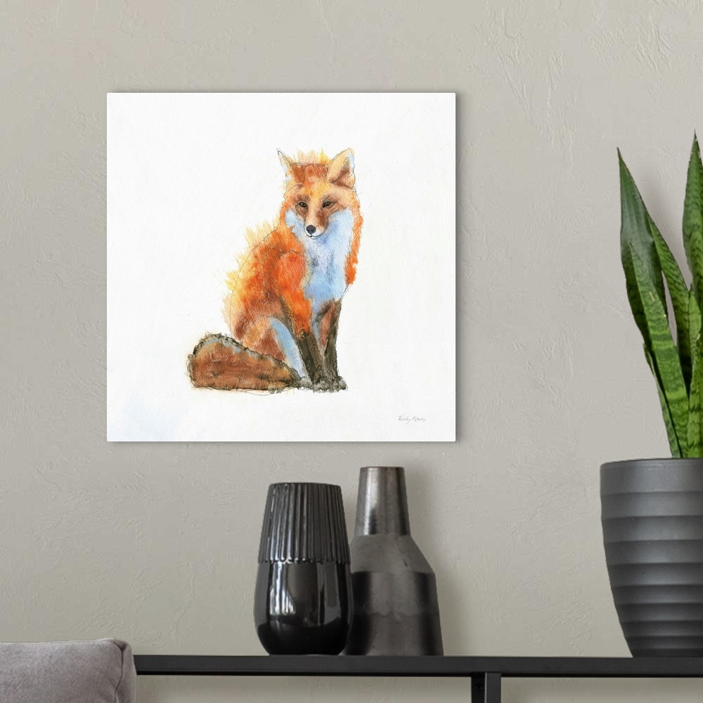 A modern room featuring Artwork of a red fox against a white background.