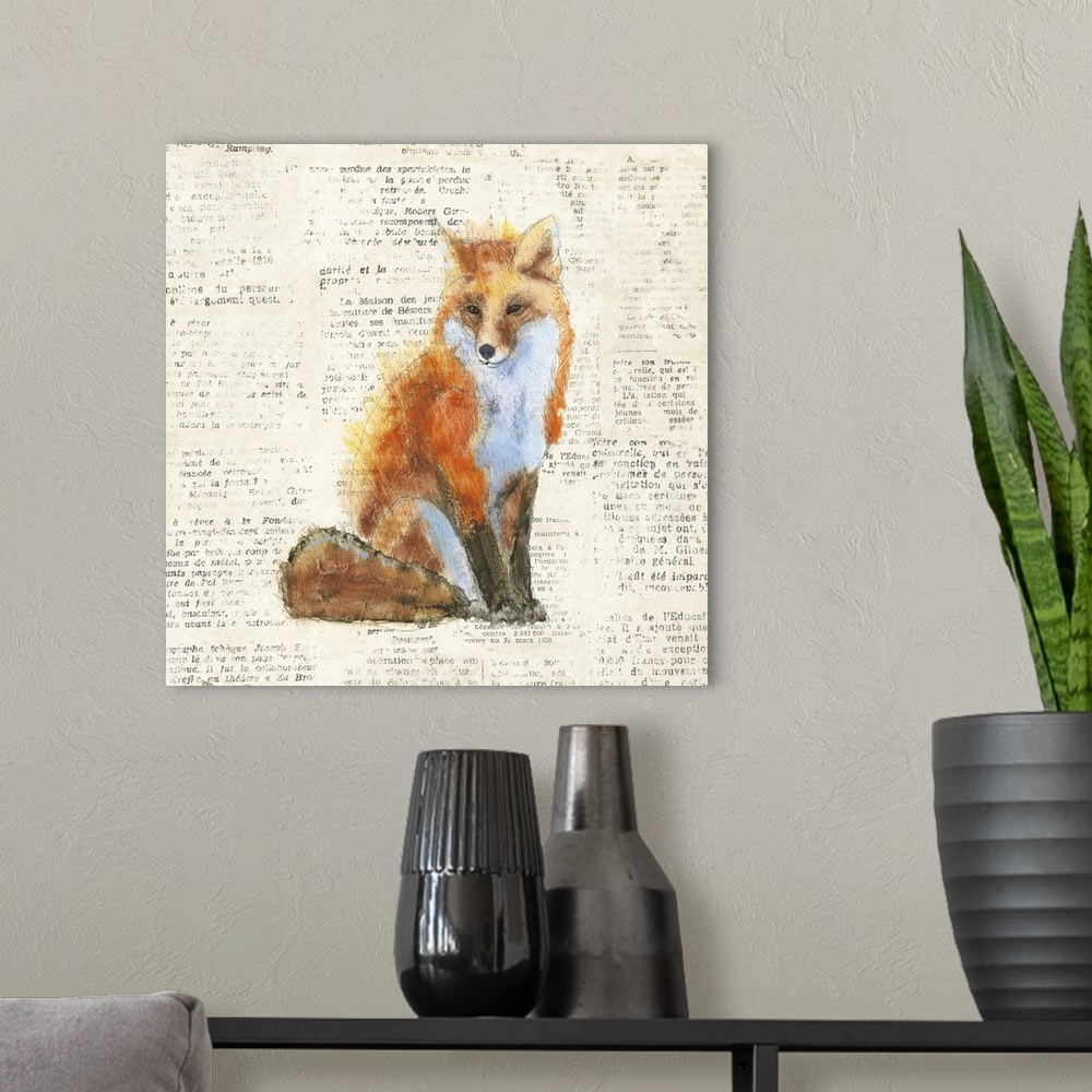 A modern room featuring Artwork of a red fox against a distressed newsprint background.