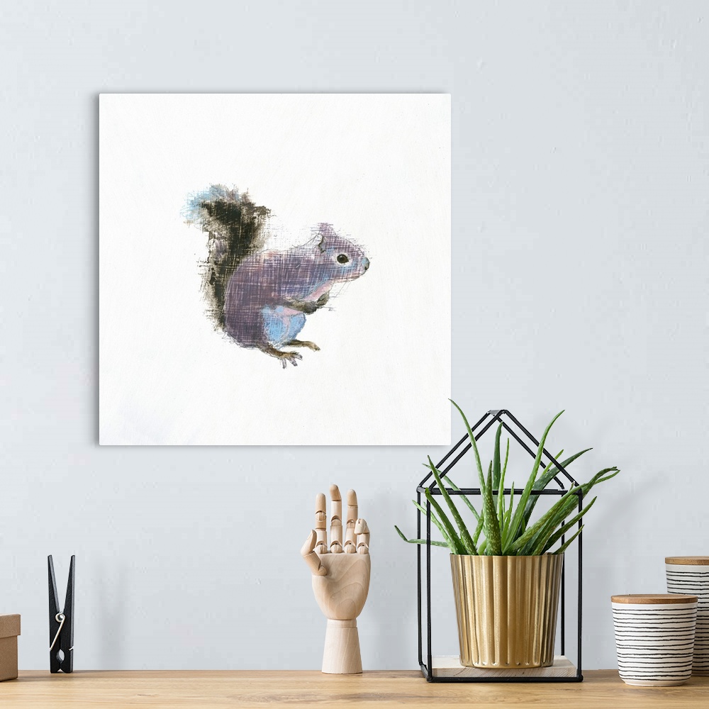 A bohemian room featuring Artwork of gray squirrel against a white background.