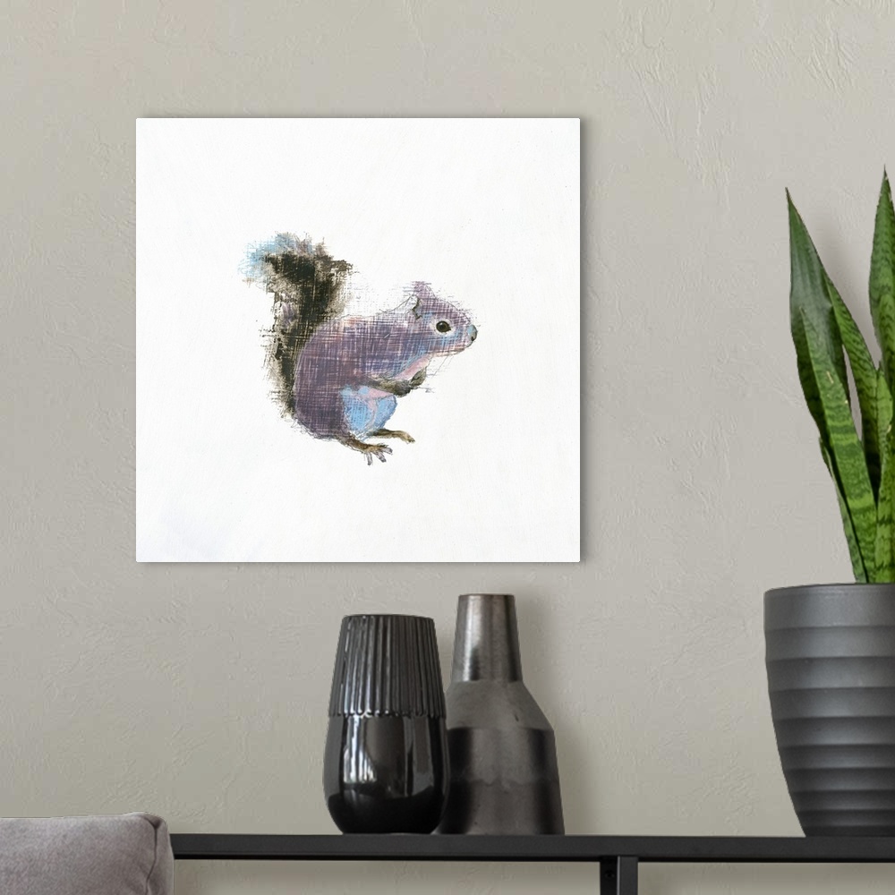A modern room featuring Artwork of gray squirrel against a white background.