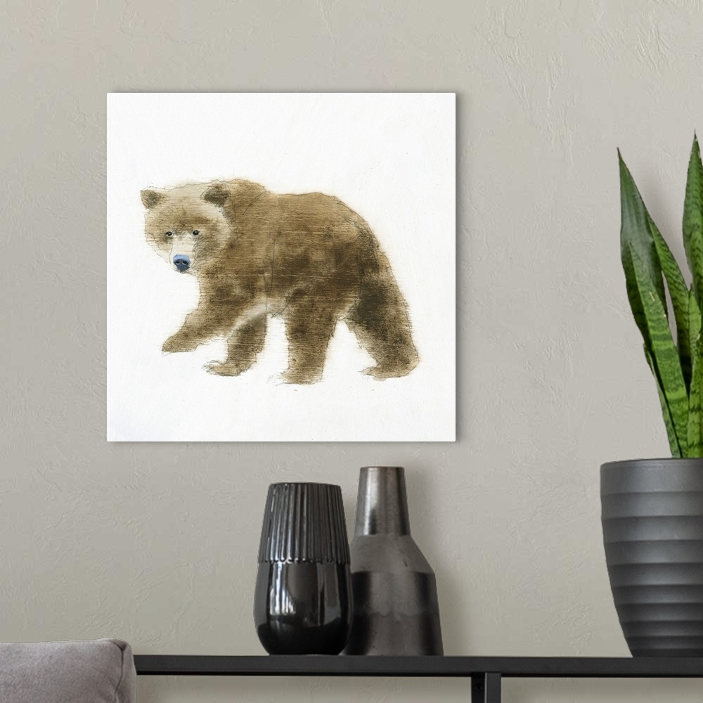 A modern room featuring Artwork of a bear against a white background.