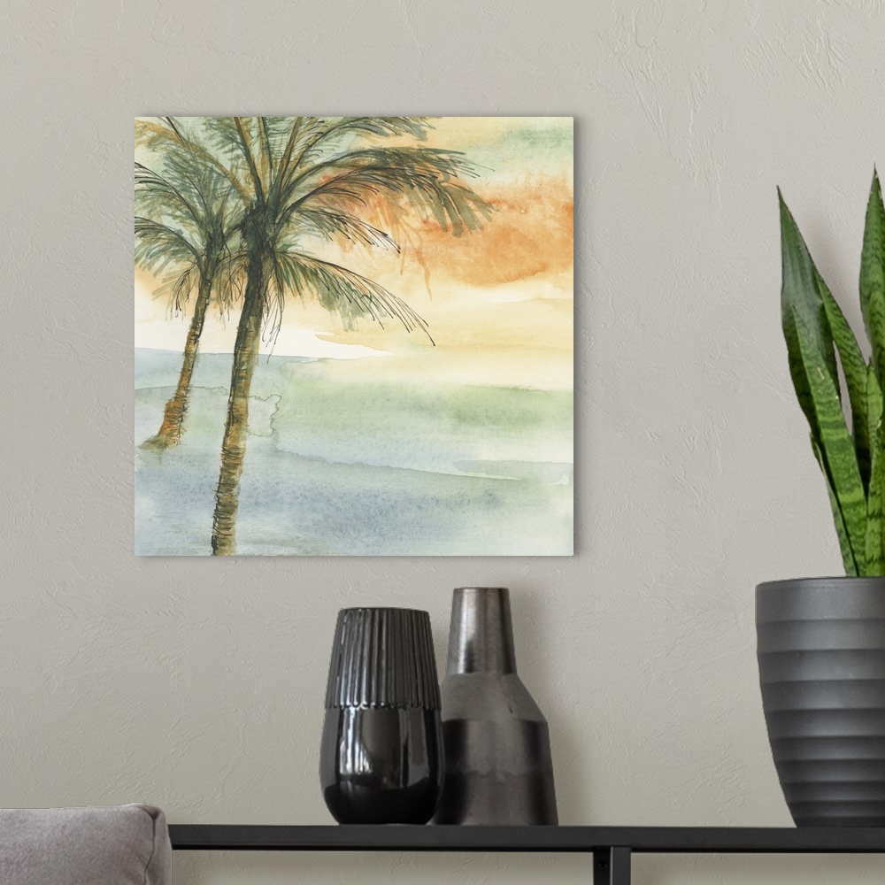 A modern room featuring Contemporary watercolor painting of palm trees against a tropical colored background.