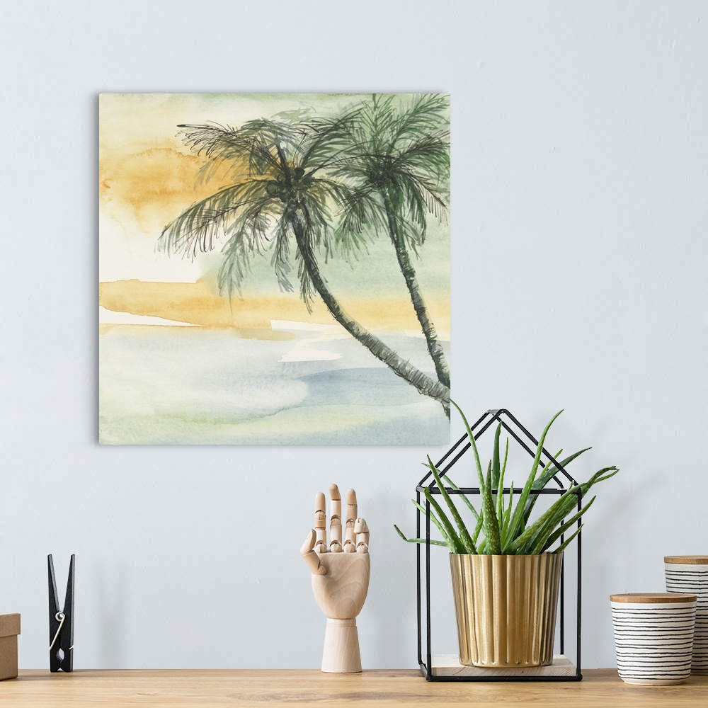 A bohemian room featuring Contemporary watercolor painting of palm trees against a tropical colored background.
