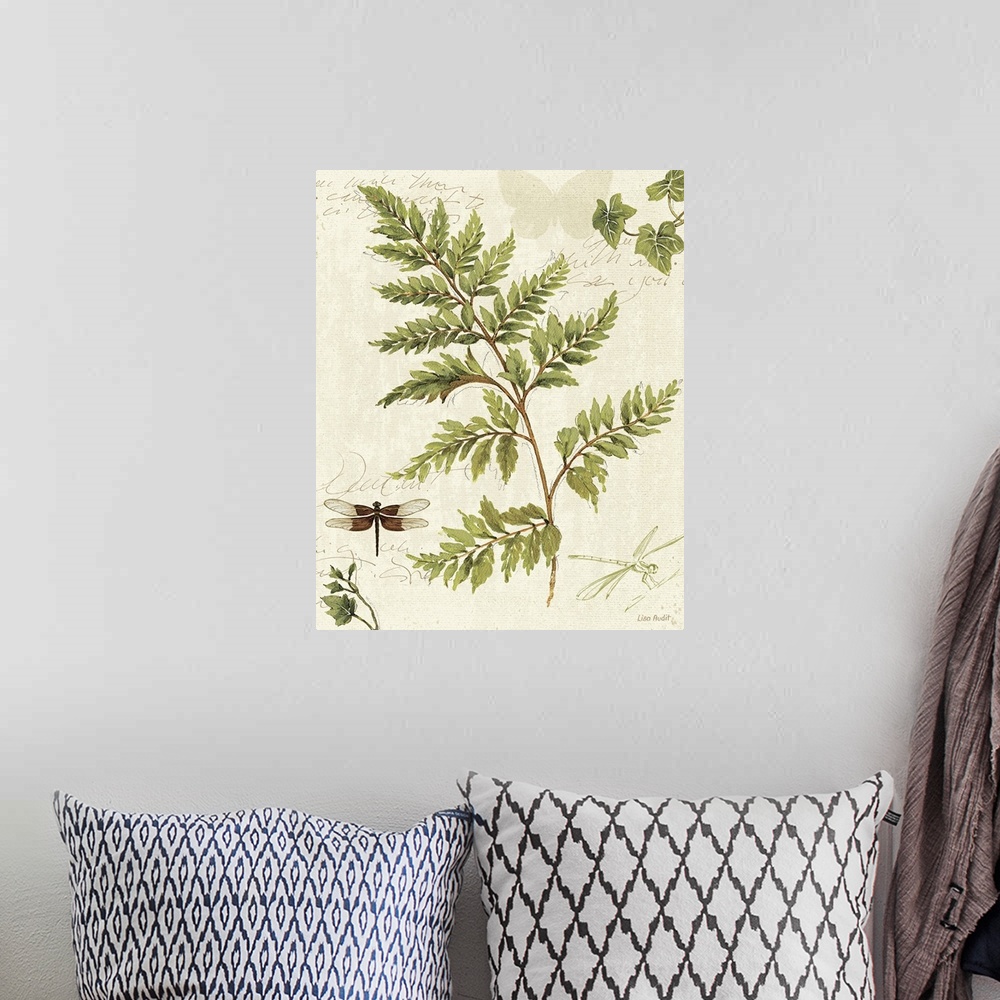 A bohemian room featuring Large canvas of a painted dragonfly and fern on top of a neutral background with text overlaid.