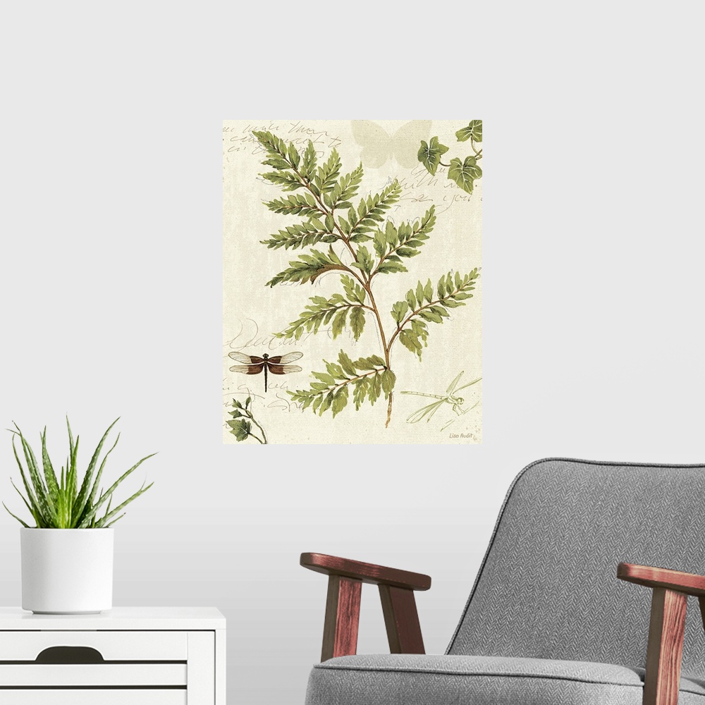 A modern room featuring Large canvas of a painted dragonfly and fern on top of a neutral background with text overlaid.