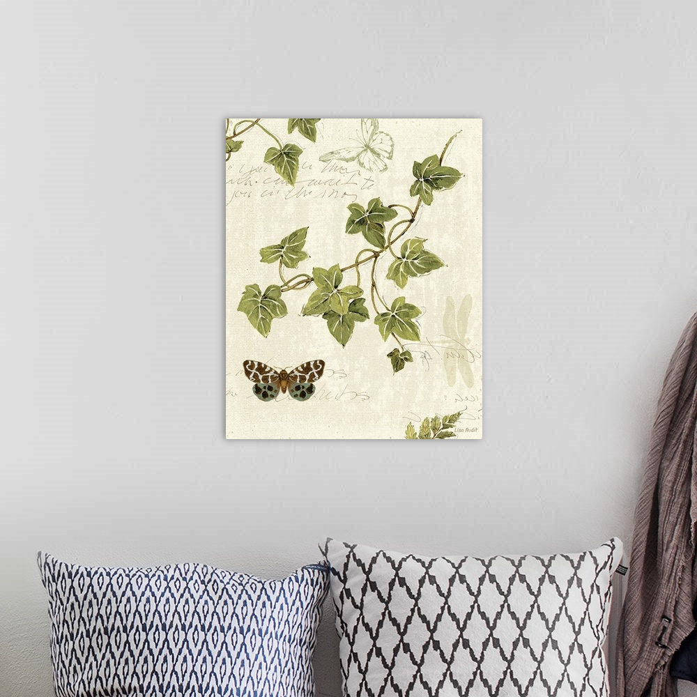 A bohemian room featuring Botanical illustration featuring green ivy twigs and butterflys on a neutral background with curs...