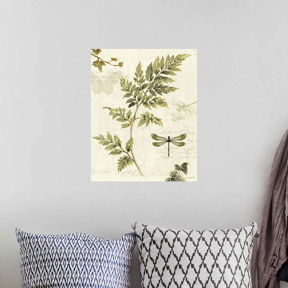 A bohemian room featuring Antique-style print of a pressed fern on a piece of parchment with faint images of dragonflies an...