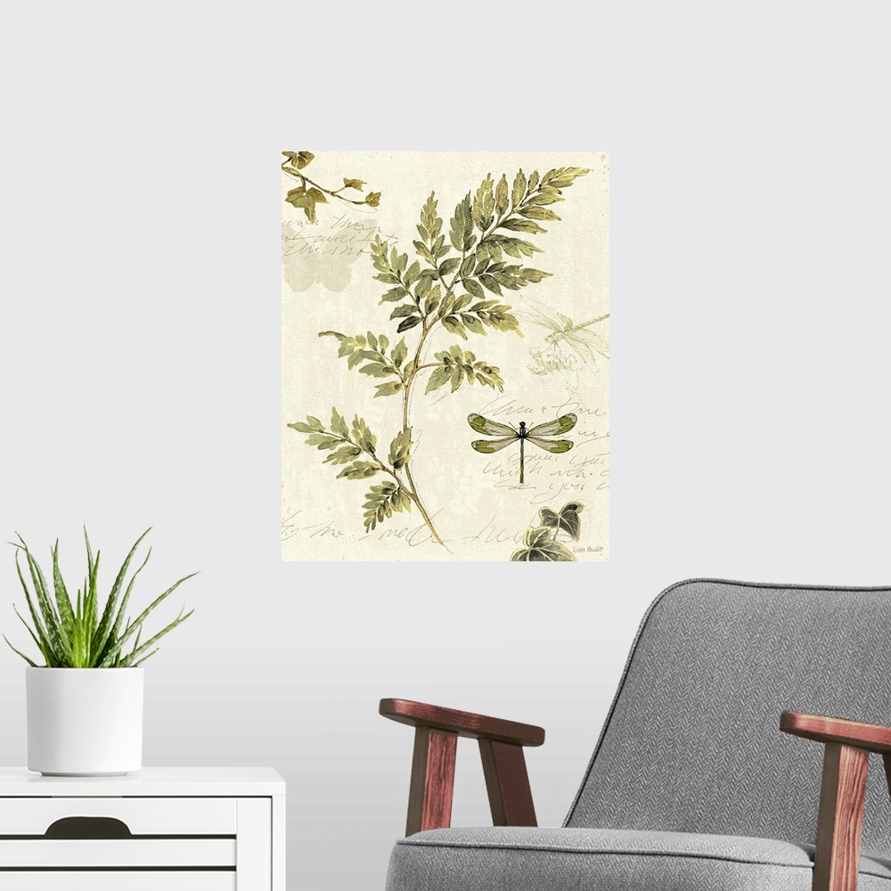 A modern room featuring Antique-style print of a pressed fern on a piece of parchment with faint images of dragonflies an...