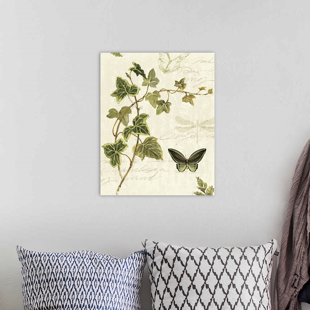 A bohemian room featuring Large painting of leaves with writing and butterflies on top of a washed out background.