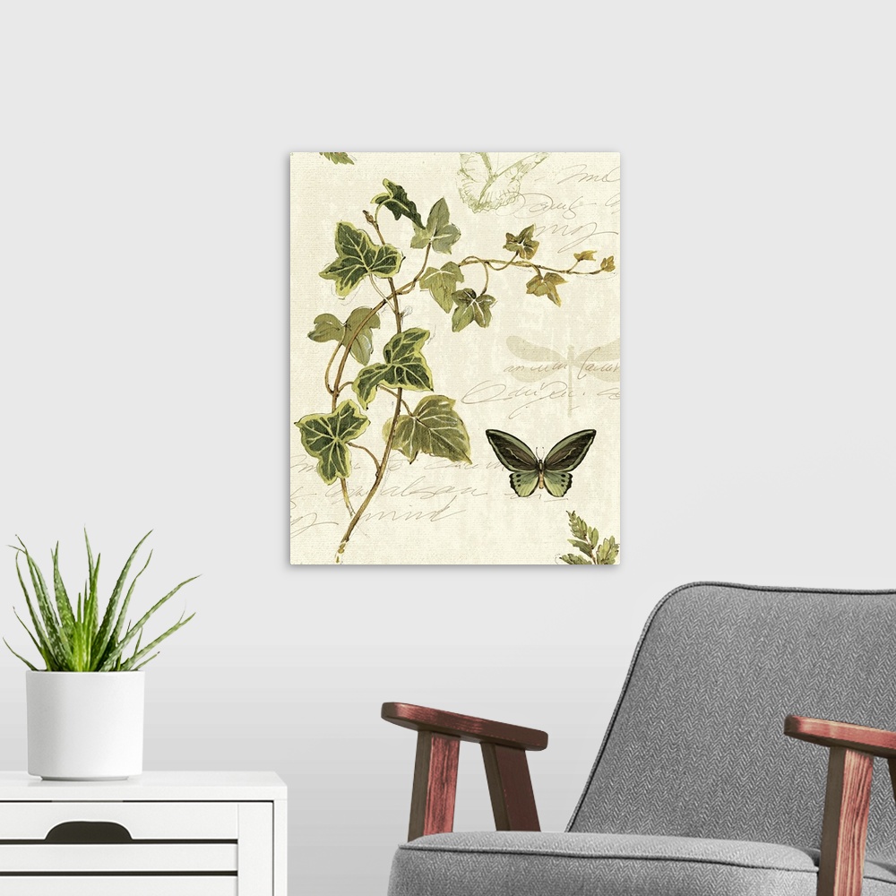A modern room featuring Large painting of leaves with writing and butterflies on top of a washed out background.