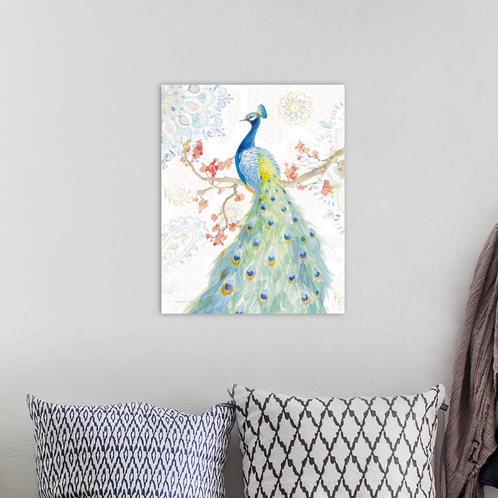 A bohemian room featuring Contemporary artwork featuring a watercolor peacock resting on a branch with mandala designs in t...