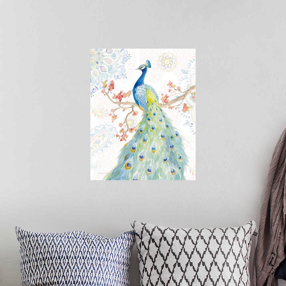A bohemian room featuring Contemporary artwork featuring a watercolor peacock resting on a branch with mandala designs in t...