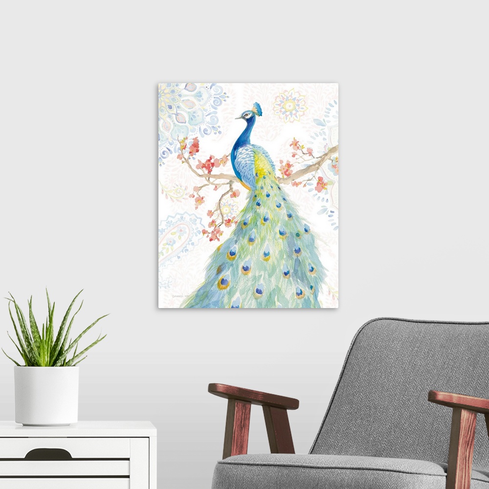 A modern room featuring Contemporary artwork featuring a watercolor peacock resting on a branch with mandala designs in t...