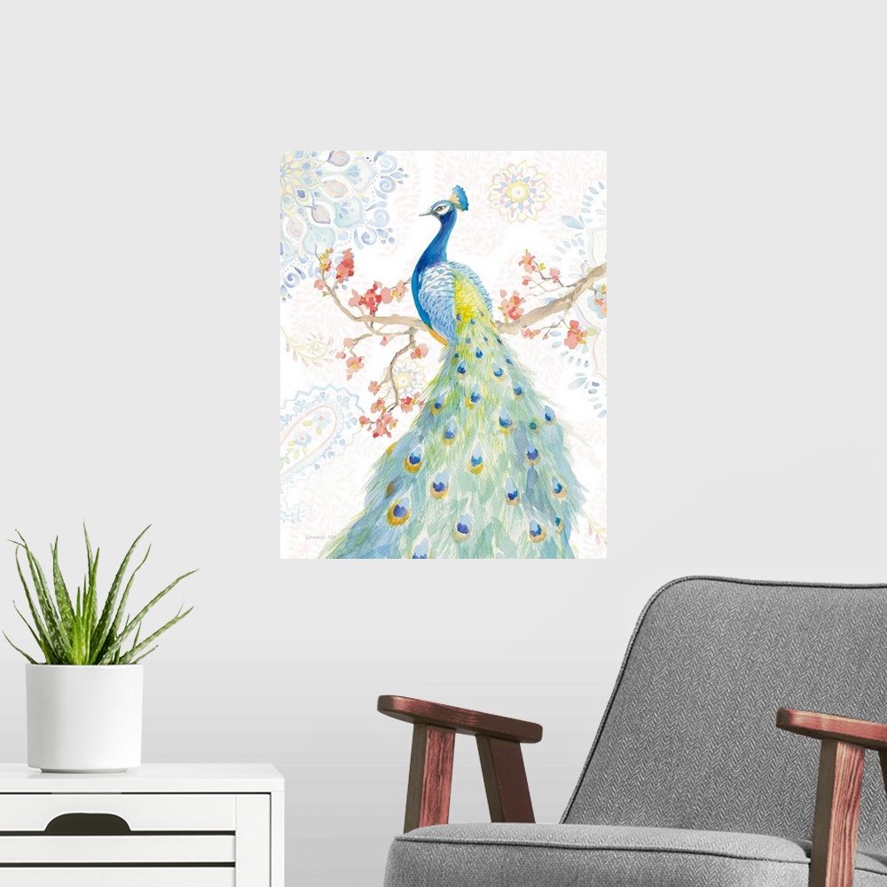 A modern room featuring Contemporary artwork featuring a watercolor peacock resting on a branch with mandala designs in t...
