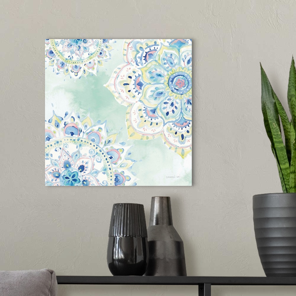 A modern room featuring Contemporary watercolor mandala designs over a soft gradated background.