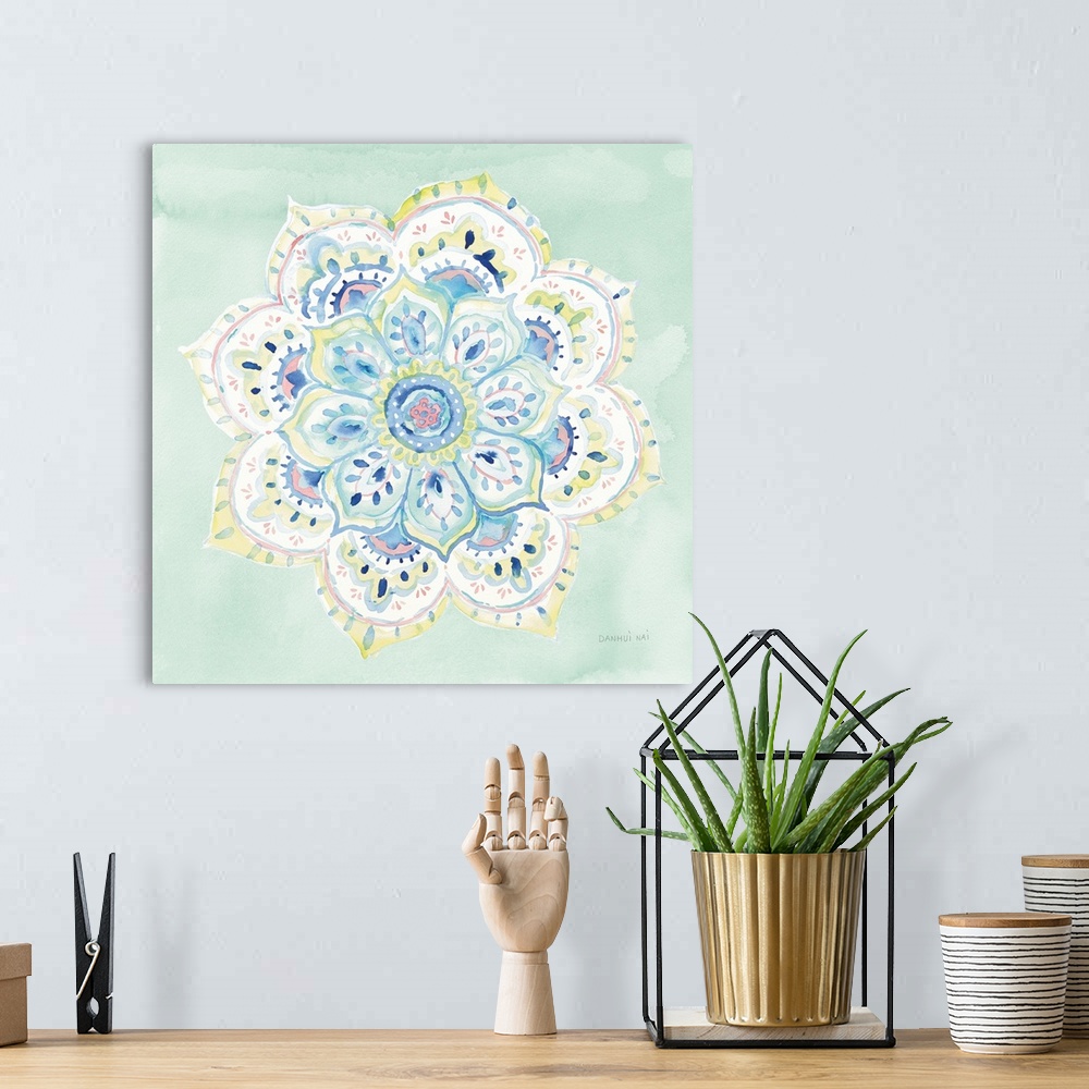 A bohemian room featuring Contemporary watercolor mandala designs over a soft gradated background.