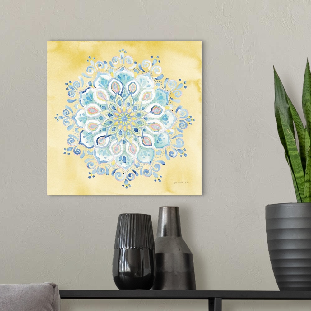 A modern room featuring Contemporary watercolor mandala designs over a soft gradated background.