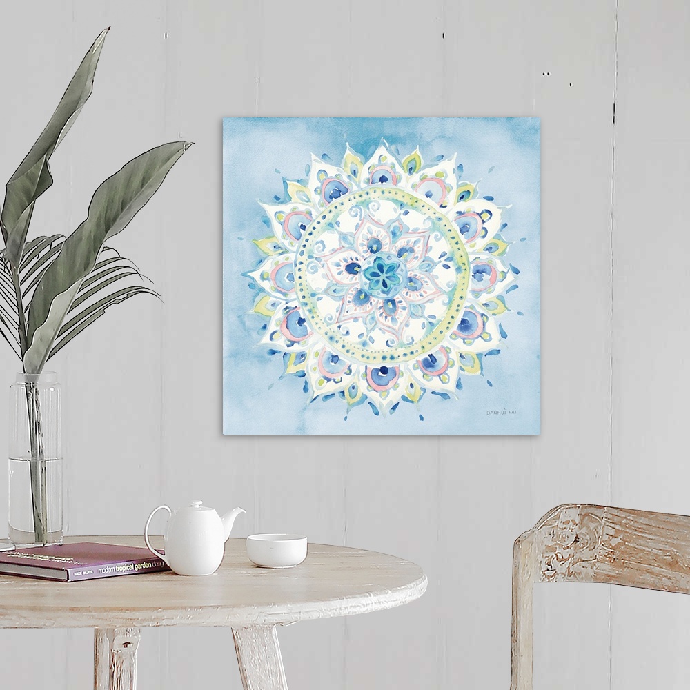 A farmhouse room featuring Contemporary watercolor mandala designs over a soft gradated background.