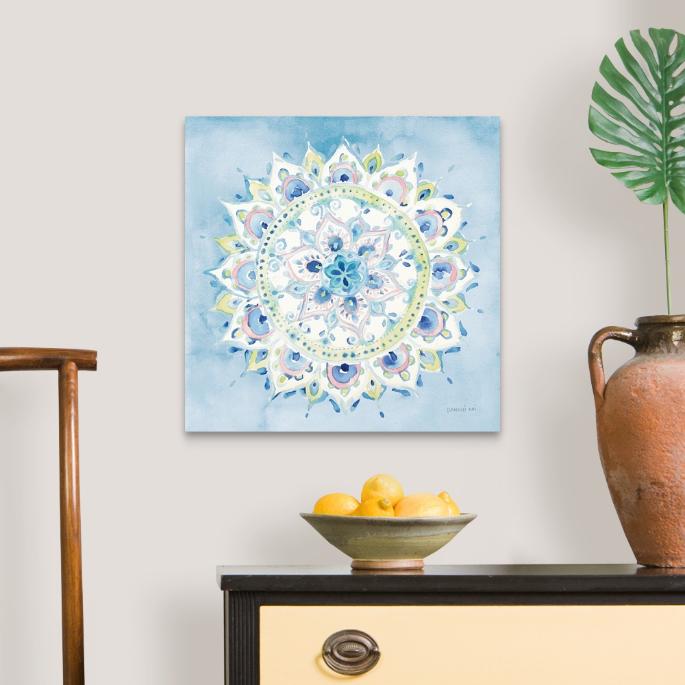 A traditional room featuring Contemporary watercolor mandala designs over a soft gradated background.