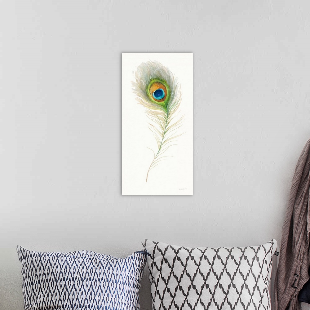A bohemian room featuring Decorative artwork featuring a delicate peacock feather over a white background.