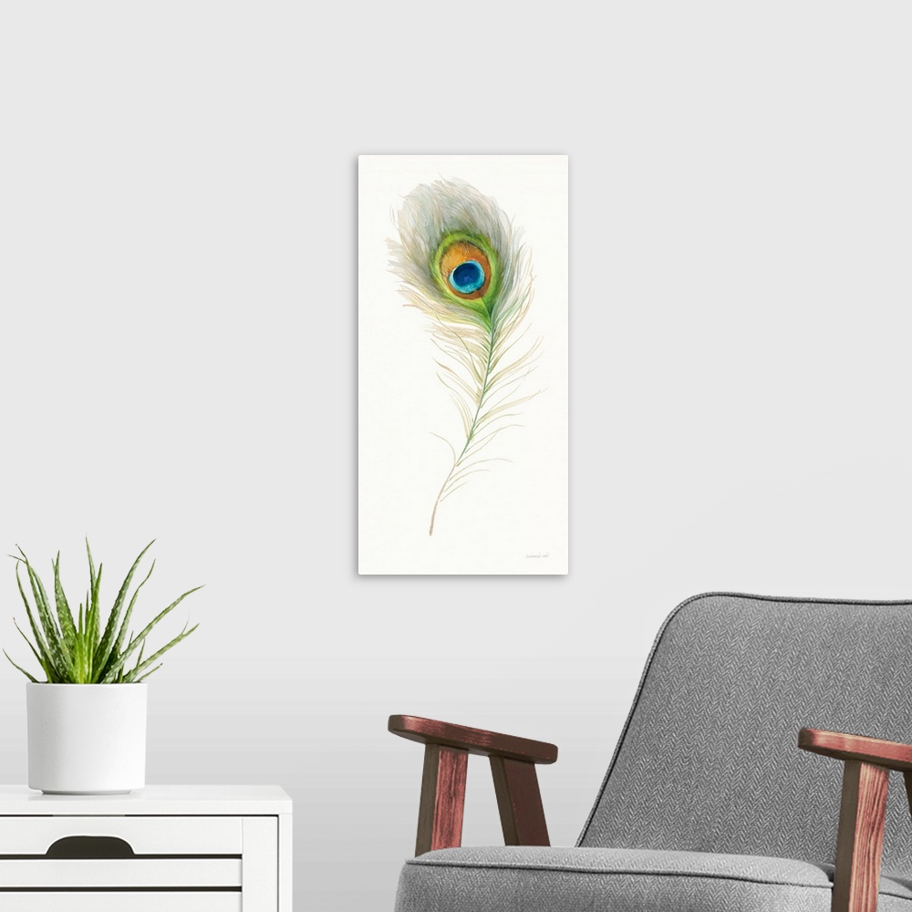 A modern room featuring Decorative artwork featuring a delicate peacock feather over a white background.