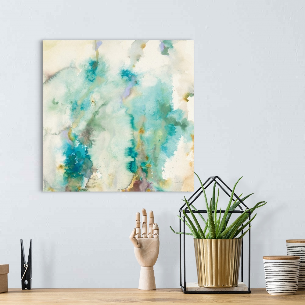 A bohemian room featuring Contemporary artwork featuring blue watercolor bleeds with neutral colors.