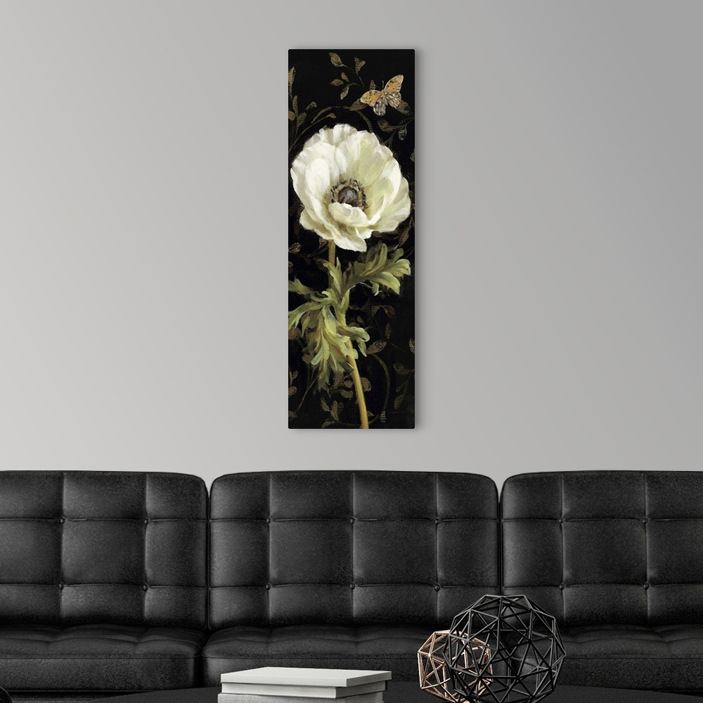 A modern room featuring Contemporary painting of a flower close-up in the frame of the image.